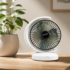 Rechargeable Mini Table Fan 4000mAh USB Fan on Wooden Table Rechargeable Mini Table Fan 4000mAh USB Fan placed on a wooden table beside a green indoor plant, showcasing a modern and minimalist home decor setup.