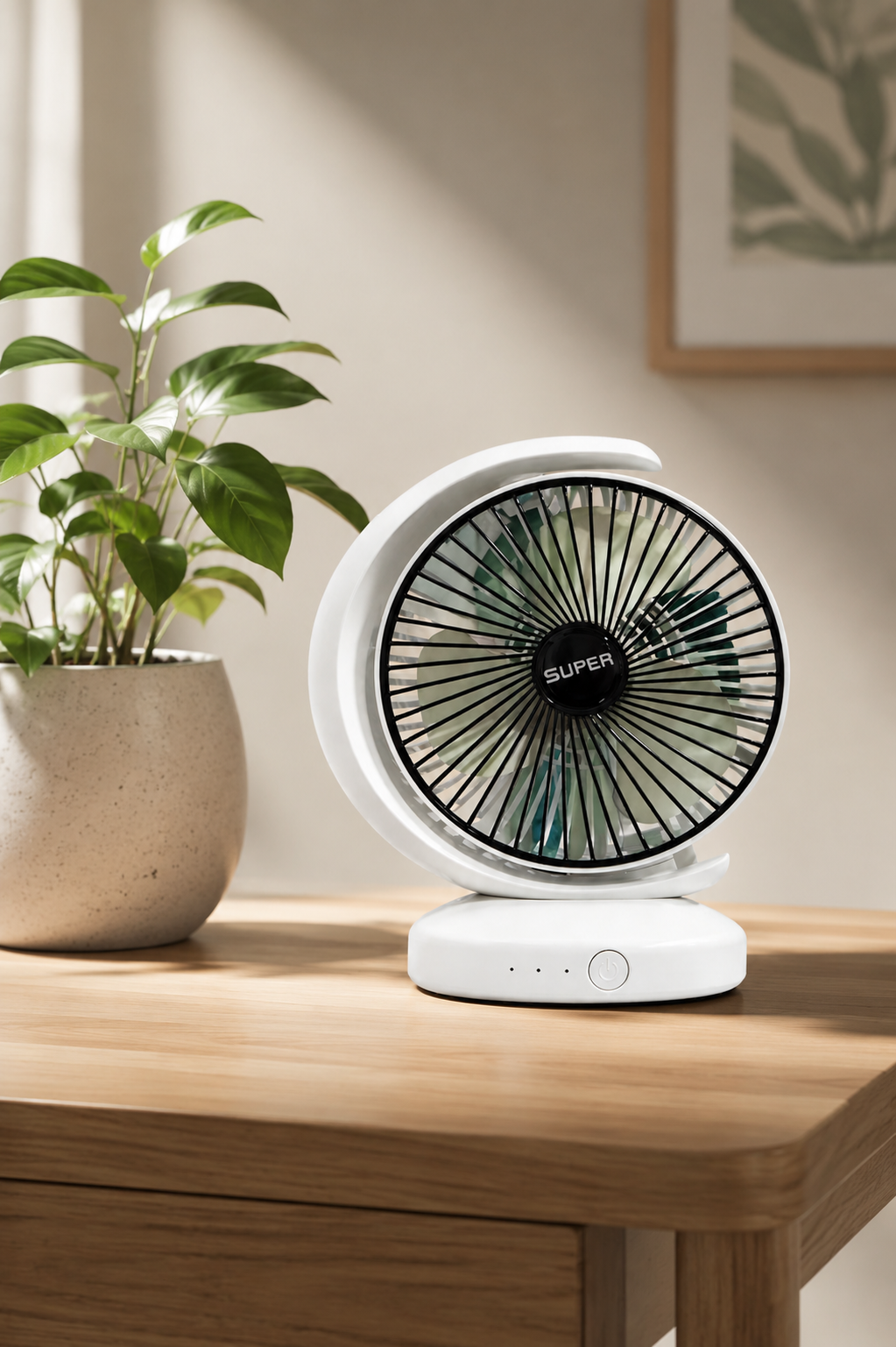 Rechargeable Mini Table Fan 4000mAh USB Fan placed on a wooden table beside a green indoor plant, showcasing a modern and minimalist home decor setup.