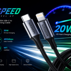 UGREEN USB-C to Lightning Fast Charging Cable 1M Black with 20W PD charging support and 480Mbps high-speed data transfer for iPhone and iPad