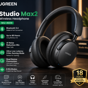 UGREEN Studio Max2 Wireless Headphone Black displayed on a premium dark background with Bluetooth 5.4, 80-hour battery life, AI noise reduction microphone, and 18 months official warranty.
