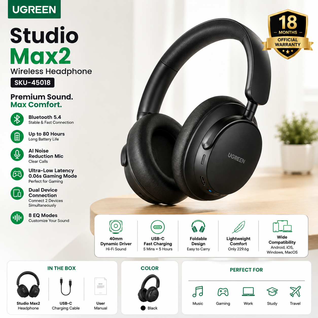 UGREEN Studio Max2 Wireless Headphone Black e-commerce product showcase featuring Bluetooth 5.4, 80-hour battery life, AI noise reduction microphone, and 18 months official warranty.