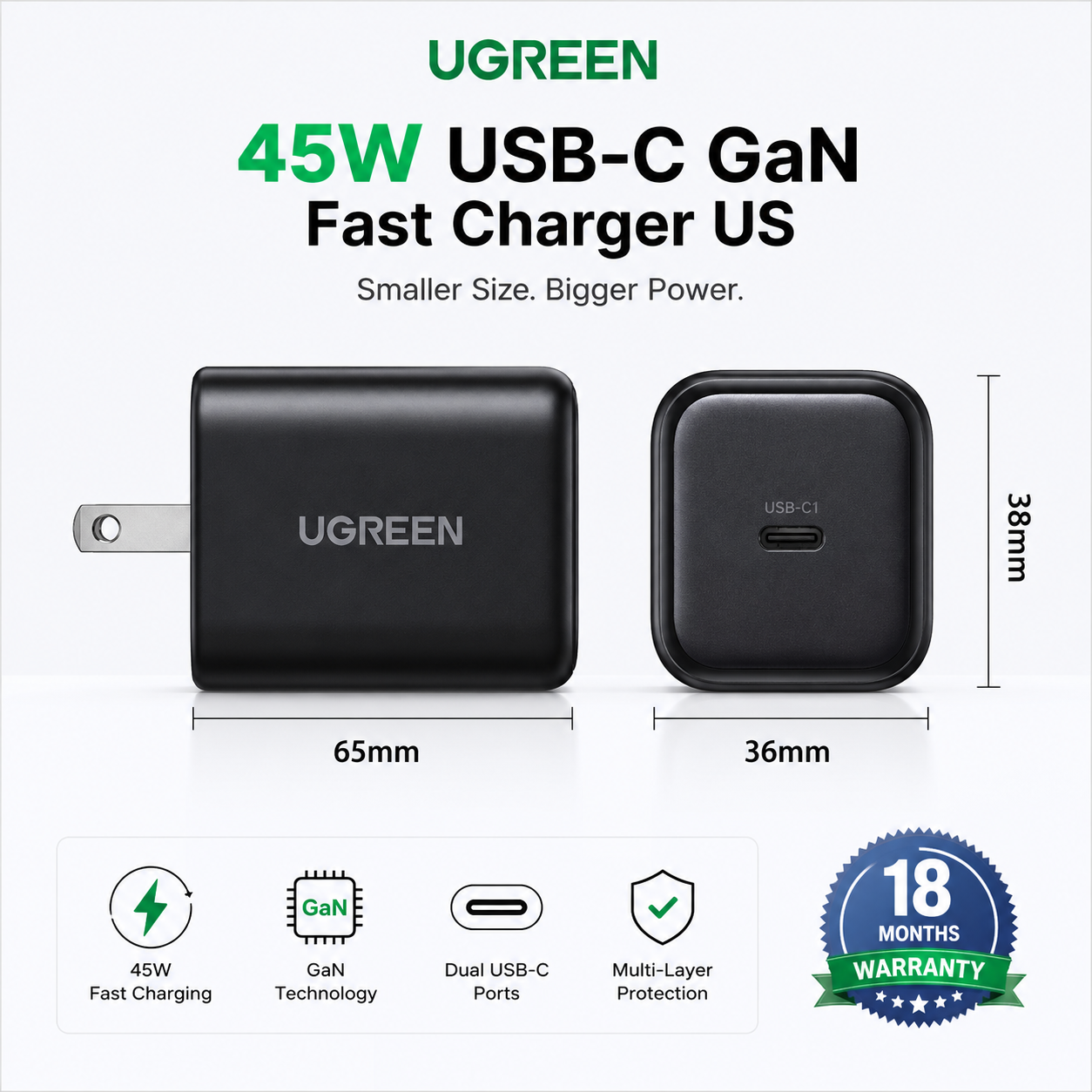 Product Image UGREEN 45W USB-C GaN Fast Charger US with dual USB-C ports, compact design, fast charging technology, and premium black finish.