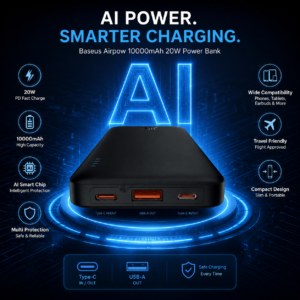 Baseus Airpow 10000mAh 20W AI Smart Fast Charge Power Bank AI-themed Baseus Airpow 10000mAh 20W Fast Charge Power Bank with Smart Charging Technology and Multi Protection Features