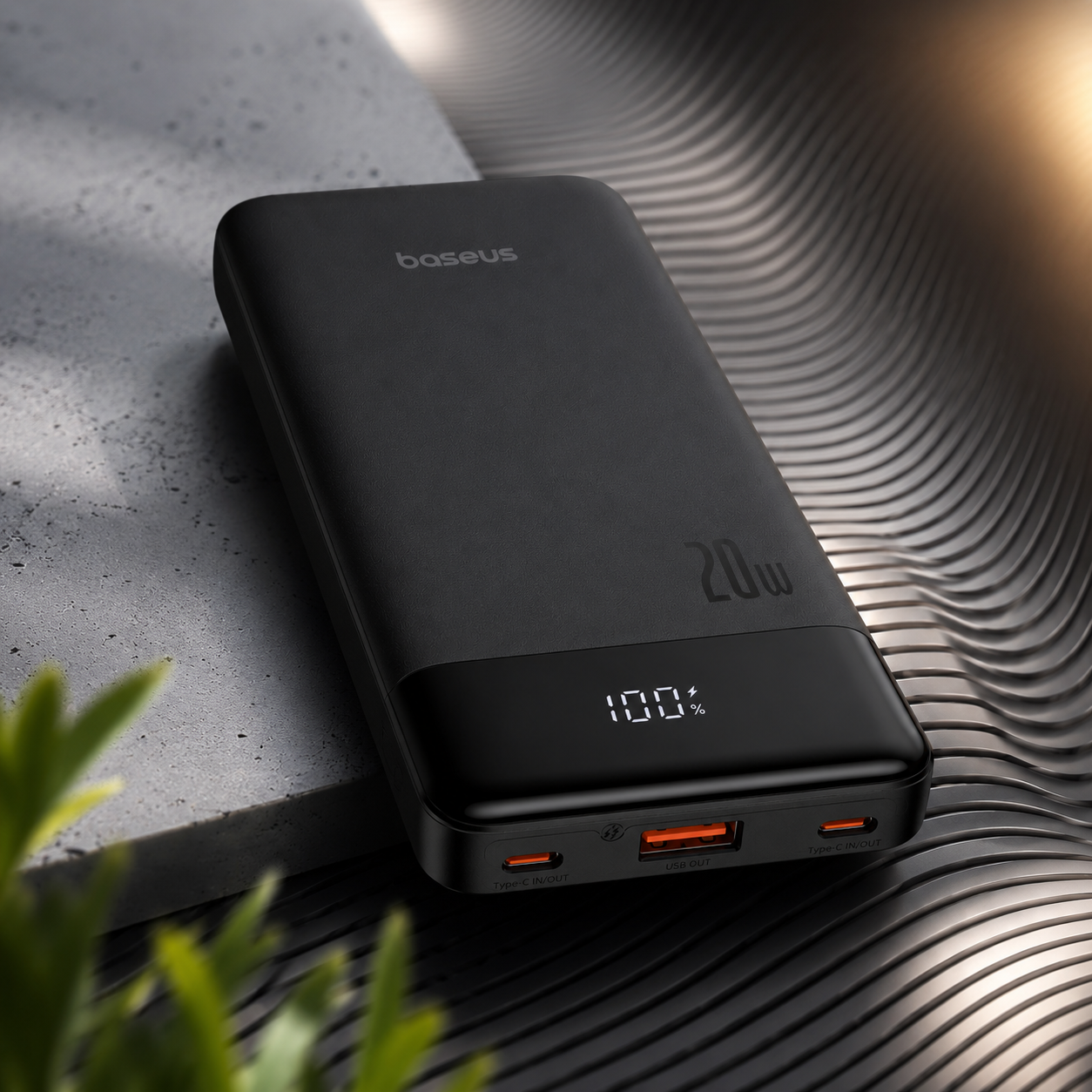 Baseus Airpow 10000mAh 20W Fast Charge Power Bank Black β Premium Lifestyle Image Baseus Airpow 10000mAh 20W Fast Charge Power Bank Black on a modern premium abstract background with digital display and dual output ports