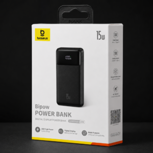 Baseus Bipow 10000mAh 15W Digital Display Power Bank original retail box packaging with premium design and fast charging features.