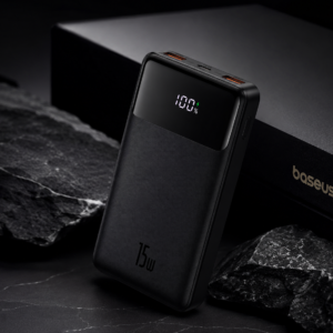 Baseus Bipow 10000mAh 15W Digital Display Power Bank in luxury black theme with LED battery display and premium studio background.