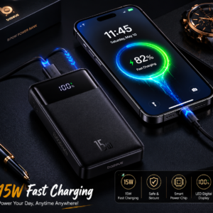 Baseus Bipow 10000mAh 15W Digital Display Power Bank charging a smartphone with fast charging in a luxury black premium setup.