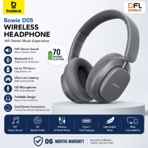 BASEUS Bowie D05 Wireless Bluetooth Headset Foldable HiFi Stereo Music Headphone Grey with Bluetooth 5.3, HiFi Stereo Sound, 70 Hours Playtime and 06 Months Warranty.