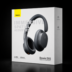 BASEUS Bowie D05 Wireless Bluetooth Headset original retail box with premium black luxury background showcasing immersive spatial acoustics and wireless headphone packaging.