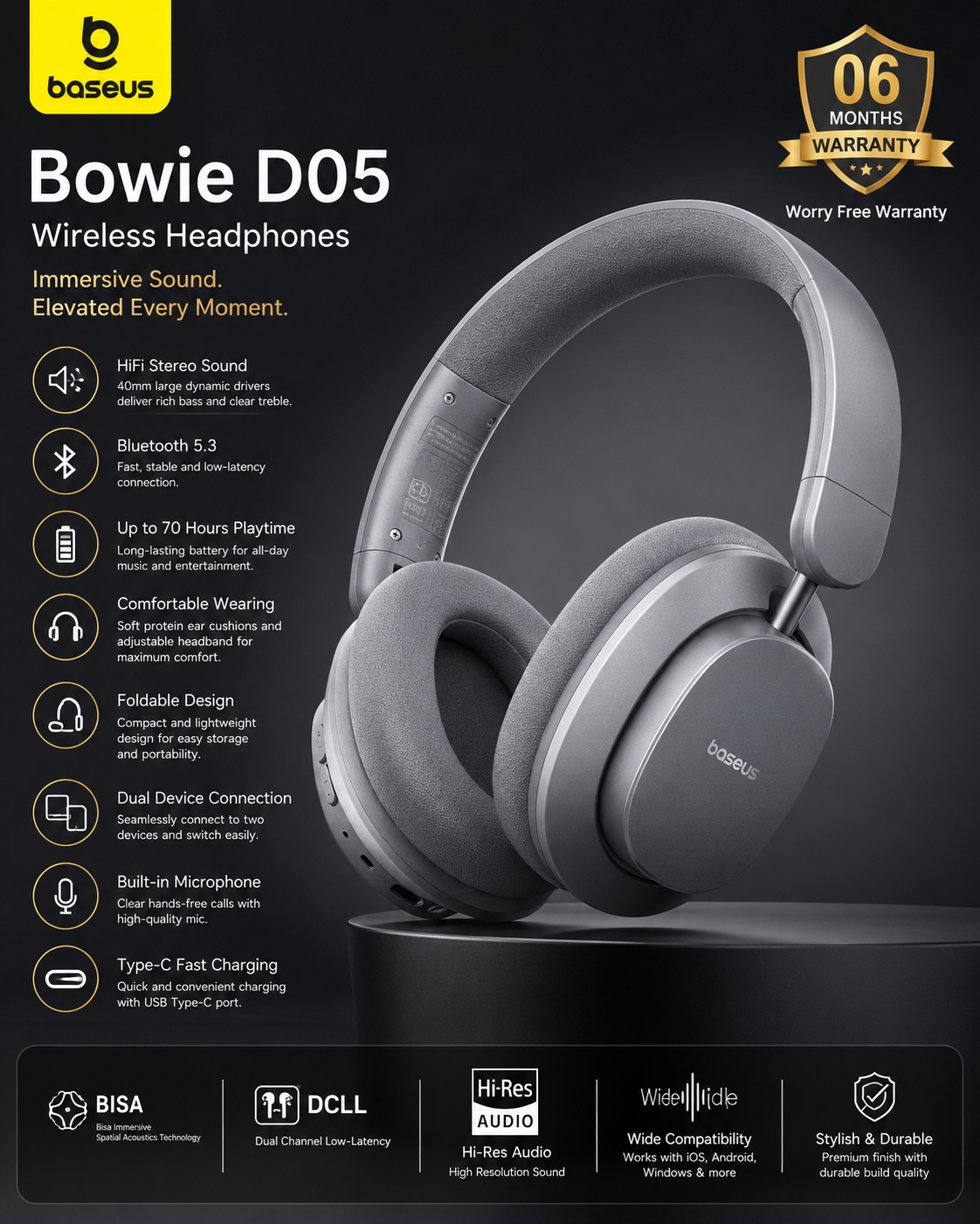 BASEUS Bowie D05 Wireless Bluetooth Headphones promotional banner featuring HiFi stereo sound, Bluetooth 5.3, 70-hour battery life, foldable design, and 06 months warranty.