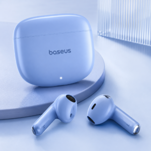 Baseus Bowie E16 Blue TWS Bluetooth Earbuds Blue premium product showcase with charging case and wireless earbuds on modern blue background