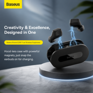 Baseus Bowie EZ10 True Wireless Earphones with magnetic charging technology and premium futuristic charging case display.