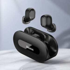 Baseus Bowie EZ10 True Wireless Earphones Black with open charging case and floating earbuds on a premium modern background.
