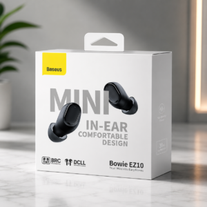 Baseus Bowie EZ10 True Wireless Earphones retail box packaging with premium minimalist design and in-ear earbuds illustration.