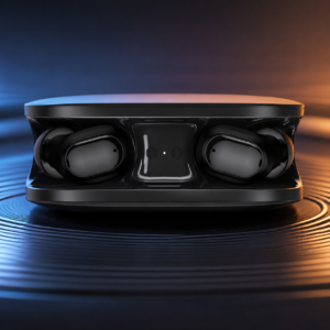 Baseus Bowie EZ10 True Wireless Earphones in charging case with dynamic blue and orange lighting background for premium product showcase.