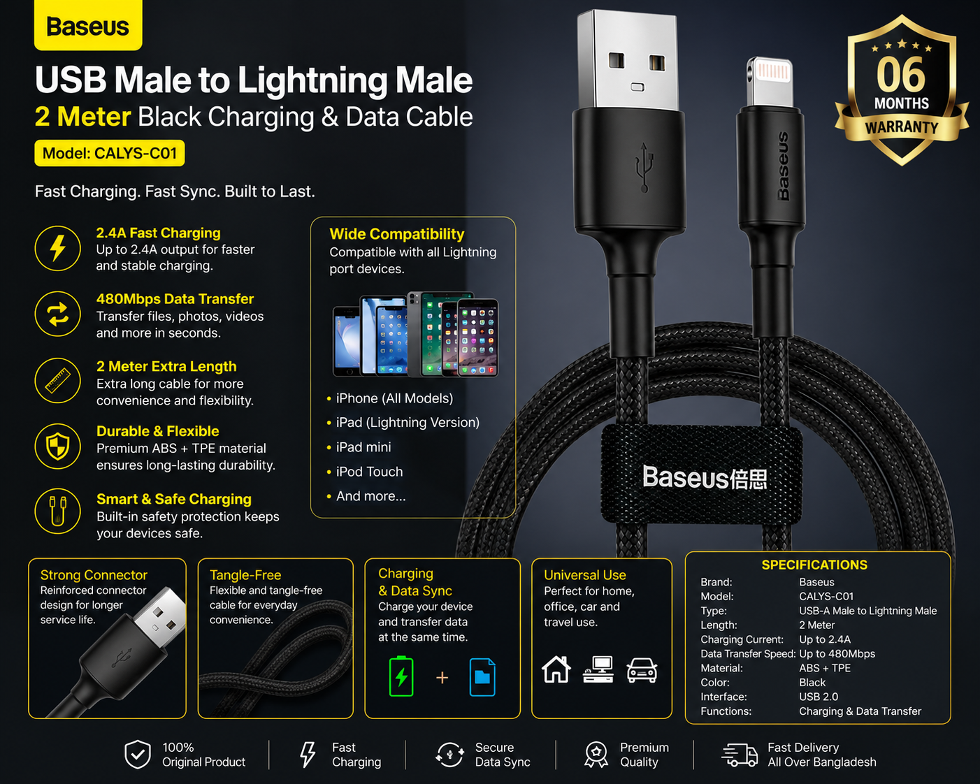 Baseus USB Male to Lightning Male 2 Meter Black Charging & Data Cable CALYS-C01 infographic showing 2.4A fast charging, 480Mbps data transfer, premium braided cable, and 06 Months Warranty