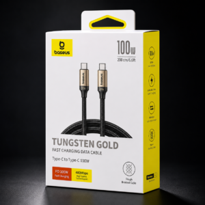 Baseus CATWJ-01 Tungsten Gold Fast Charging Data Cable Type-C to Type-C 100W 1M Black retail box with 100W PD fast charging, 480Mbps data transfer, and nylon braided cable.