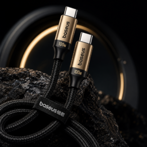 Baseus CATWJ-01 Tungsten Gold 100W Type-C to Type-C Fast Charging Data Cable 1M Black with premium nylon braided design and zinc alloy connectors.