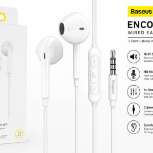 Baseus Encok H17 3.5mm Lateral In-Ear Wired Earphone White with Hi-Fi Stereo Sound and HD Microphone