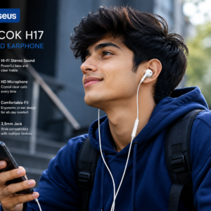 Young man wearing Baseus Encok H17 3.5mm Wired Earphone White for music listening and HD voice calling