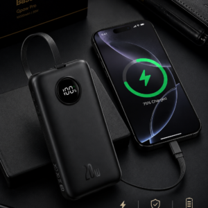 Baseus Qpow Pro 10000mAh 20W Fast Charge Power Bank Charging Phone | Luxury Black Theme Baseus Qpow Pro 10000mAh 20W Fast Charge Power Bank charging a smartphone in a luxury black theme with smart LED display and premium fast charging technology.