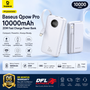 Baseus Qpow Pro 10000mAh 20W Fast Charge Power Bank | 06 Months Warranty | DFL Express Baseus Qpow Pro 10000mAh 20W Fast Charge Power Bank with built-in Lightning cable, digital LED display, 06 months warranty, and premium features for fast charging.