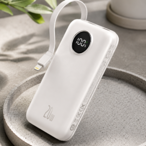 Baseus Qpow Pro 10000mAh 20W Fast Charge Power Bank in white with built-in Lightning cable and smart digital LED display, premium minimalist product image.