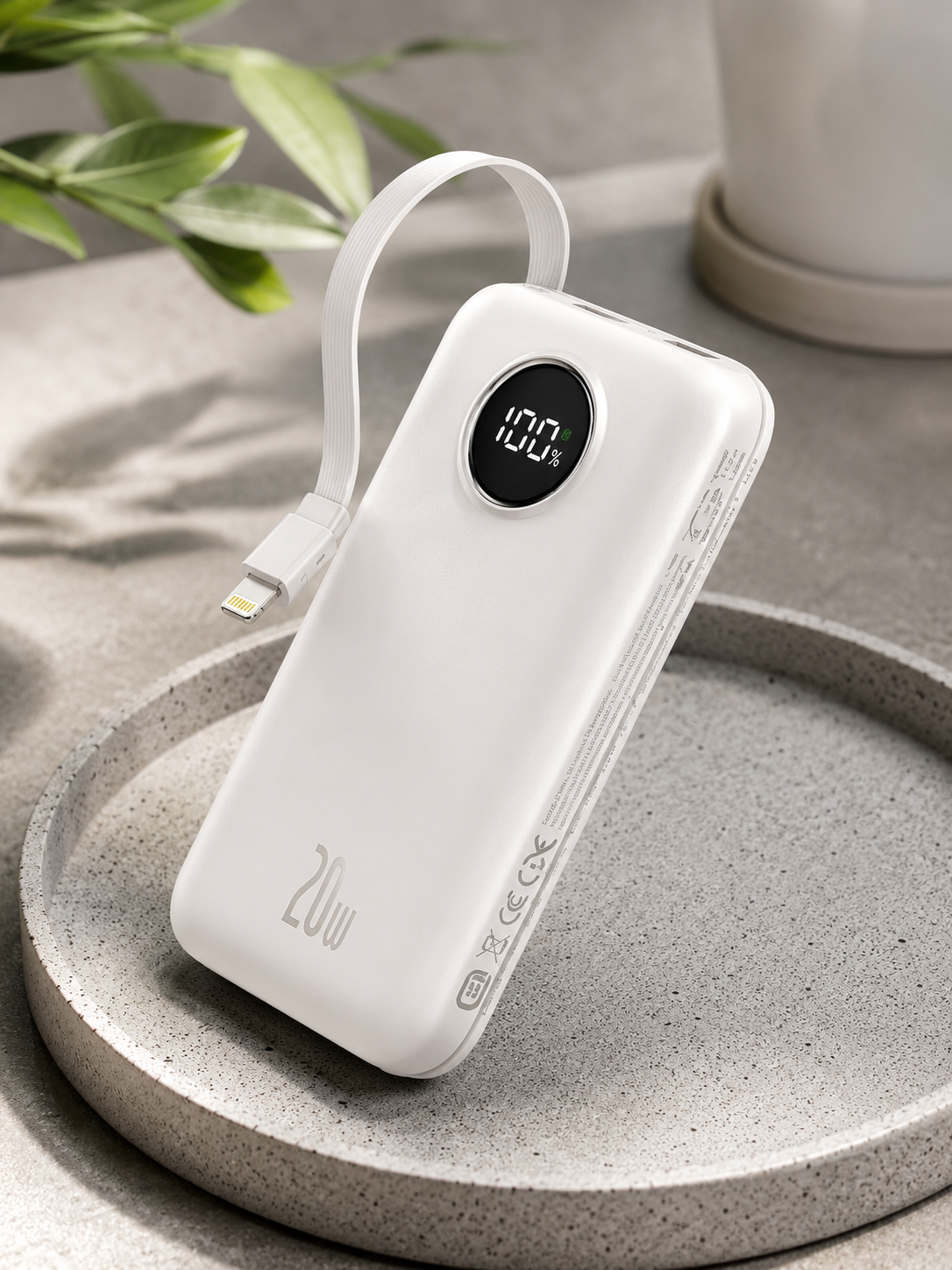 Baseus Qpow Pro 10000mAh 20W Fast Charge Power Bank White | Minimal Product Shot Baseus Qpow Pro 10000mAh 20W Fast Charge Power Bank in white with built-in Lightning cable and smart digital LED display, premium minimalist product image.