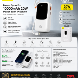 Baseus Qpow Pro 10000mAh 20W Power Bank IP Edition – Features & 06 Months Warranty Baseus Qpow Pro 10000mAh 20W Power Bank IP Edition promotional infographic featuring digital display, built-in Lightning cable, 20W fast charging, safety protection, and 06 Months Warranty.