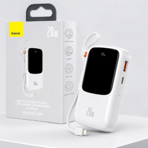 Baseus Qpow Pro 10000mAh 20W Power Bank IP Edition – PPQD060001 Baseus Qpow Pro 10000mAh 20W Power Bank IP Edition with digital display, built-in Lightning cable and retail box in white color.