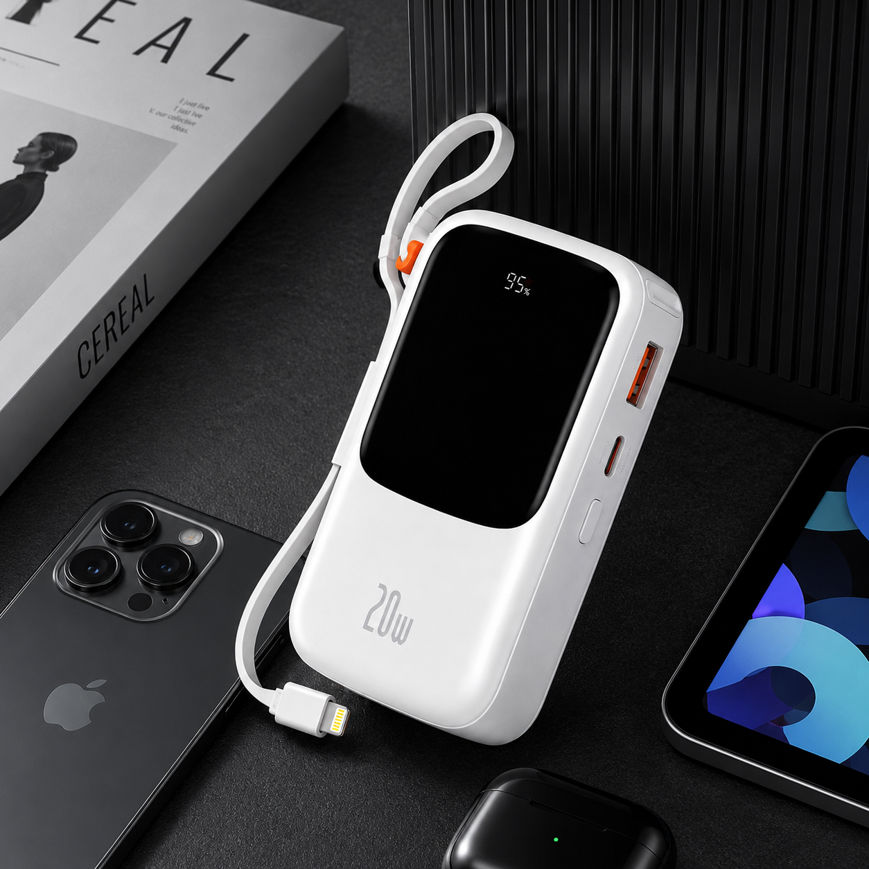 Baseus Qpow Pro 10000mAh 20W Fast Charging Power Bank – Modern Desk Setup Baseus Qpow Pro 10000mAh 20W Power Bank IP Edition displayed with iPhone, tablet, and wireless earbuds in a premium workspace setup.