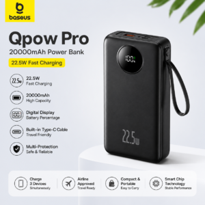 Baseus Qpow Pro 20000mAh 22.5W Fast Charging Power Bank Black Baseus Qpow Pro 20000mAh 22.5W Fast Charging Power Bank with Digital Display and Built-in Type-C Cable