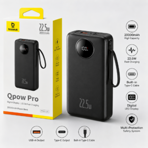 Baseus Qpow Pro 20000mAh 22.5W Fast Charging Power Bank with Digital Display and Built-in Type-C Cable Black
