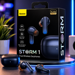 Baseus True Wireless Earphones Storm 1 Black retail box with earbuds and charging case premium product display