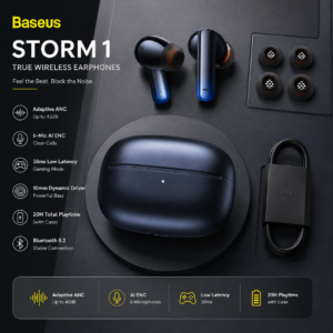 Baseus Storm 1 True Wireless Earphones Black with charging case, ear tips, Type-C cable and key features infographic
