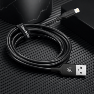 Baseus Superior Series Fast Charging Data Cable USB to iP 2.4A 2m Black (CALYS-C01) coiled on a premium black background, featuring USB-A and Lightning connectors.