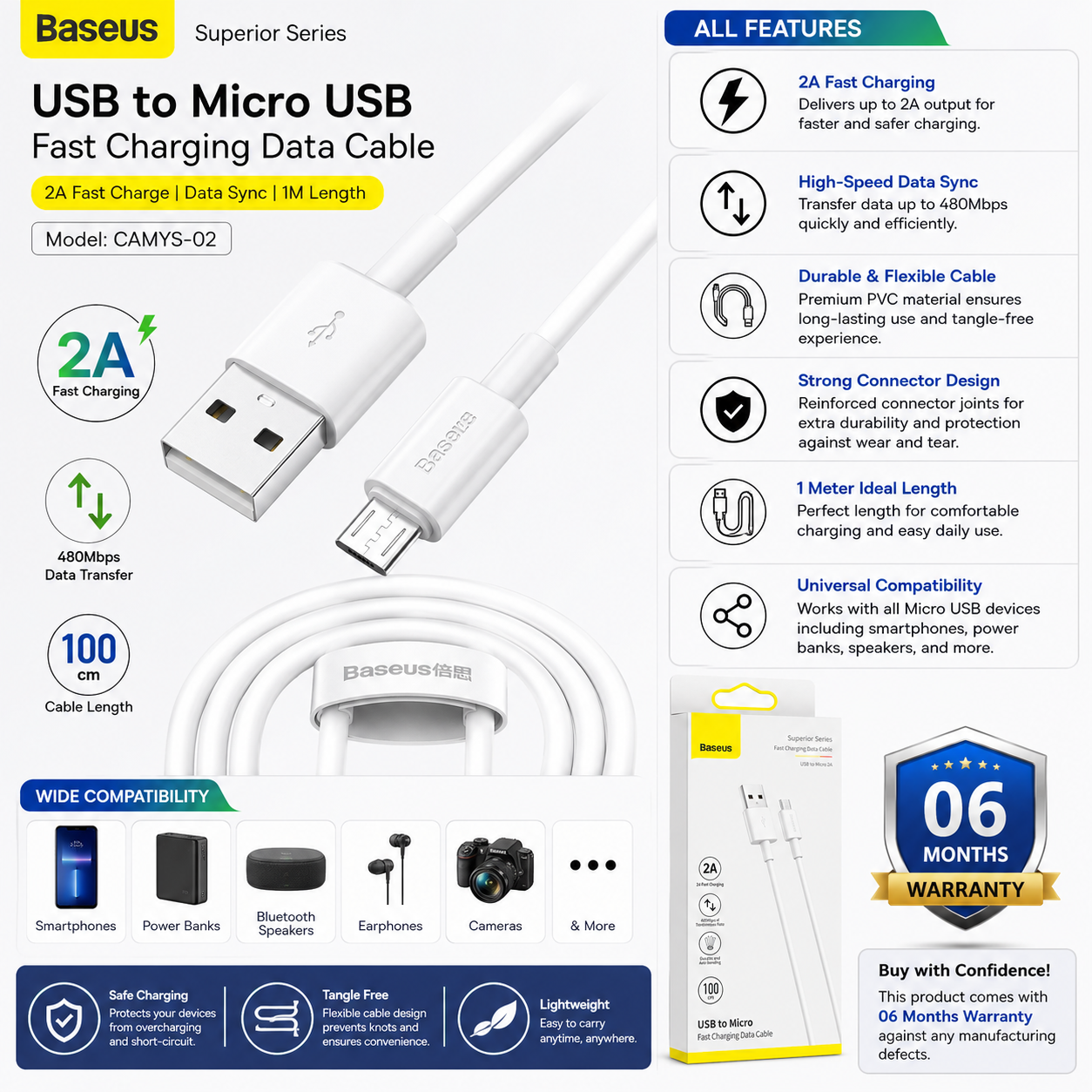 Baseus Superior Series USB to Micro USB Fast Charging Data Cable 2A 1M White CAMYS-02 feature overview with 06 months warranty