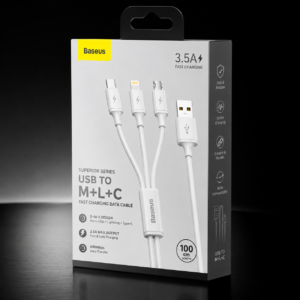 Baseus Superior Series USB to M+L+C Fast Charging Data Cable Retail Box – Model P10320105221-00 with 3.5A Fast Charging