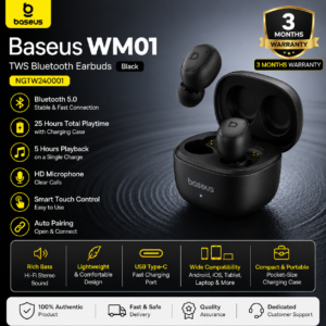 Baseus WM01 TWS Bluetooth Earbuds Black NGTW240001 | 3 Months Warranty Baseus WM01 TWS Bluetooth Earbuds Black NGTW240001 with Bluetooth 5.0, 25 Hours Playtime, HD Microphone and 3 Months Warranty