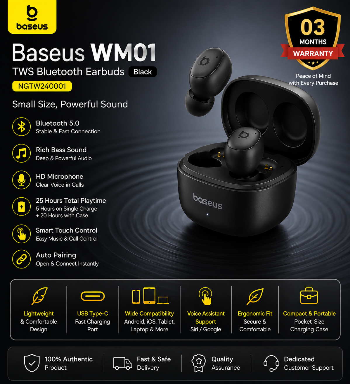 Baseus WM01 TWS Bluetooth Earbuds Black NGTW240001 feature poster with Bluetooth 5.0, Rich Bass, 25 Hours Playtime and 3 Months Warranty