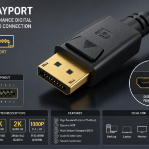 DisplayPort connector close-up showing DisplayPort pin configuration, female port, supported 8K resolution, and high-performance digital audio and video connection.