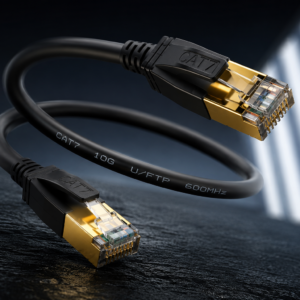 High Speed CAT7 10Gigabit Network Cable 3M Black with gold-plated RJ45 connectors, premium round cable design, 10Gbps speed, and 600MHz bandwidth.