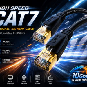 High Speed CAT7 10Gigabit Network Cable 3M Black speed theme promotional banner featuring 10Gbps transmission, 600MHz bandwidth, gold-plated RJ45 connectors, and ultra-fast Ethernet performance.