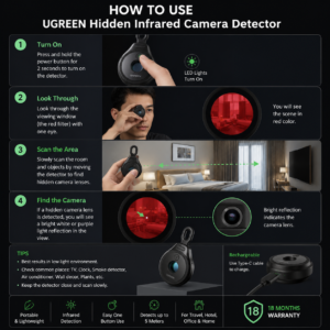 How to Use UGREEN Hidden Infrared Camera Detector Step-by-step guide showing how to use the UGREEN Hidden Infrared Camera Detector to detect hidden cameras in hotel rooms, offices, and rental spaces.
