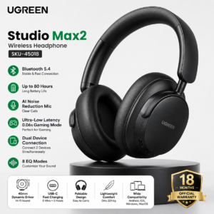 image UGREEN Studio Max2 Wireless Headphone Black with Bluetooth 5.4, 80-hour battery life, AI noise reduction microphone, and 18 months official warranty.