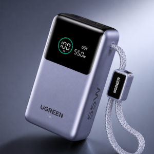 UGREEN 10000mAh 55W Nexode Pro Smart Digital Display Mini Power Bank with Built-in Type-C Cable in premium silver finish.