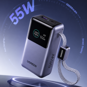 UGREEN 10000mAh 55W Nexode Pro Mini Power Bank floating in a futuristic blue tech background with smart digital display and built-in Type-C cable.