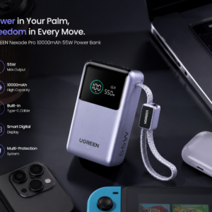 UGREEN 10000mAh 55W Nexode Pro Mini Power Bank displayed with smartphone, laptop, gaming console, and earbuds showcasing fast charging and portable power.