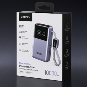 UGREEN 10000mAh 55W Nexode Pro Smart Digital Display Mini Power Bank retail box packaging with built-in Type-C cable and premium fast charging features.