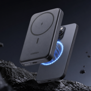 UGREEN 10000mAh Magnetic Wireless Power Bank Space Gray attached to an iPhone with futuristic wireless charging effect and premium dark luxury background.